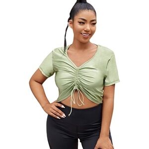 New! Stitch & Pine Ribbed Knit Ruched Shirred Front Mint Green Top